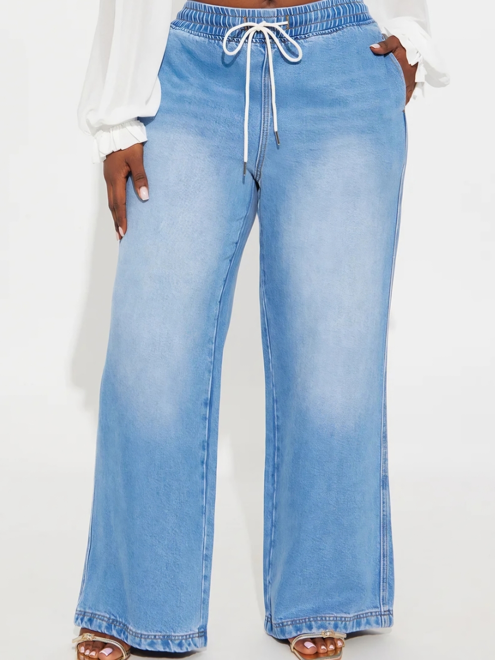 Fashion Nova Light Blue Wide-Leg Drawstring Jeans